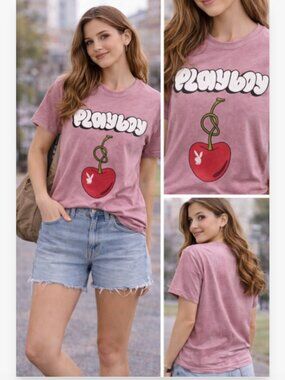 Playboy Cherry Graphic T-Shirt Pink Size M Y2K Streetwear Logo Tee